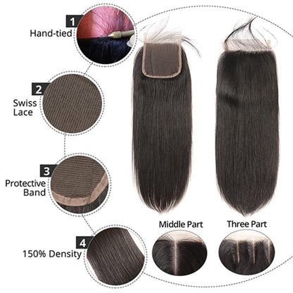 Lace Closure 100% Unprocessed Straight Human Hair Natural Black