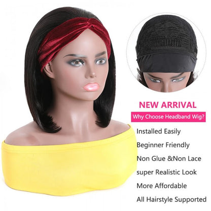 Headband Wigs Short Bob Human Hair Wig for Women Easy Wear Half Wig