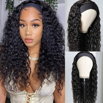 Headband Wig Water Curly Glueless Human Hair Wigs With Pre-Attached